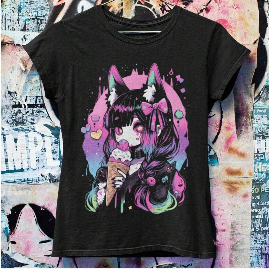 Pastel Goth Anime Fox Oversized Tshirt  Harajuku Streetwear  Japanese Streetwear  Grunge Aesthetic - Negro - Ver 1