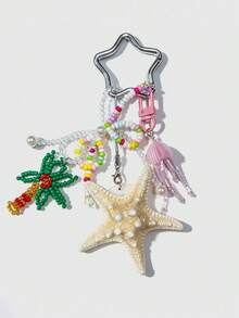1pc Natural Starfish Keychain, Colorful Beaded Bag Charm, Island Style Girly Pendant, Backpack Accessory (Beads Color Random) - Multicolor - View 4