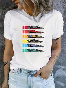 Camia con estampado de coche de carreras, 180G, blanco y negro, cuello redondo, corte holgado básico, transpirable, versátil, lavable a máquina, cómoda, S - 3XL, ideal para uso diario casual, deportivo, esencial para el verano Adecuado como regalo. playera de mujer. blusas>elegantes. boho chic,Top de mujer suave, transpirable y cómodo, ideal para primavera, verano y otoño, perfecto para vacaciones, viajes y uso diario. - Blanco - Ver 3
