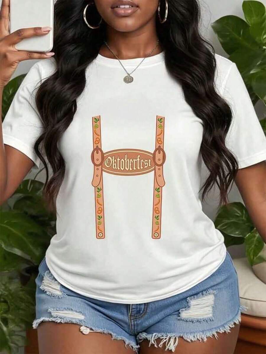 Camiseta de manga corta con cuello redondo y estampado para mujer Diseño de correa de cuero del Oktoberfest S-3XL moda, cómodo y transpirable uni lavable a máquina