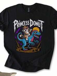 Women's Short Sleeve T-Shirt With Round Neck And Print Princess Cat Donut Riding Dinosaur S-3XL Fashionable, Comfortable And Breathable, Machine Washable - Black - View 1