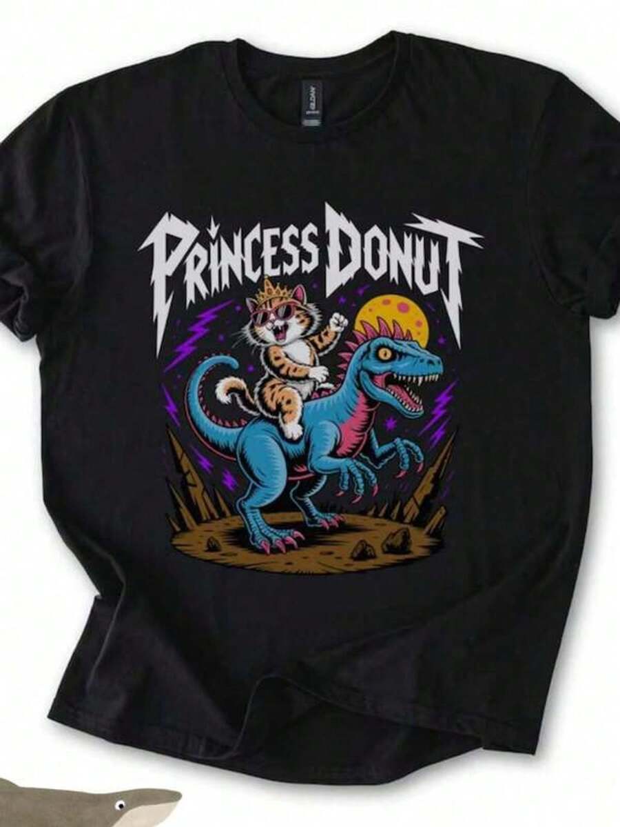 Women's Short Sleeve T-Shirt With Round Neck And Print Princess Cat Donut Riding Dinosaur S-3XL Fashionable, Comfortable And Breathable, Machine Washable - Black - View 1