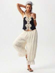 Black And White Color Block Lace Tank Top, Bohemian Style, For Summer Vacation, Casual Outings, Music Festivals, Free And Relaxed Style, Carnival Costume, Beach Outfit, Summer Vacation Outfits For Women - 黑色 - 查看 8