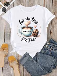 Fun Cartoon Coffee And Coffee Bean Print T-Shirts, Letter Print T-Shirts, Born From A Love Of Coffee, T-Shirts For Coffee Enthusiasts, Gifts For Coffee Lovers - 白色 - 查看 2