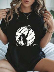 Women's Clothing Women's Volleyball Graphic T-Shirt - Short-Sleeve Top With Round Neck And Female Athlete Print, Casual Spring And Summer Blouse, Suitable For Casual Wear, Washable. Women's Shirts - 黑色 - 查看 1