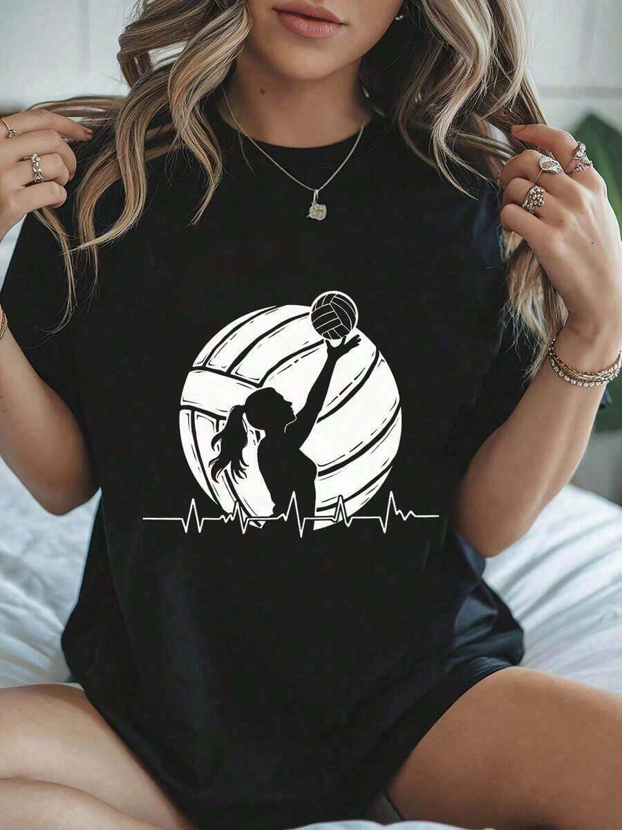 Women's Clothing Women's Volleyball Graphic T-Shirt - Short-Sleeve Top With Round Neck And Female Athlete Print, Casual Spring And Summer Blouse, Suitable For Casual Wear, Washable. Women's Shirts - 黑色 - 查看 1