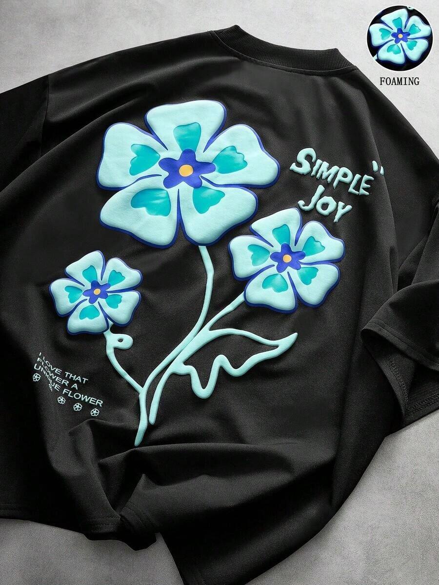 Camiseta de manga corta con estampado floral en relieve, estilo urbano, para hombres y mujeres, adecuada para actividades al aire libre, festivales de música, uso diario y reuniones con amigos. - Negro 7 - Ver 1