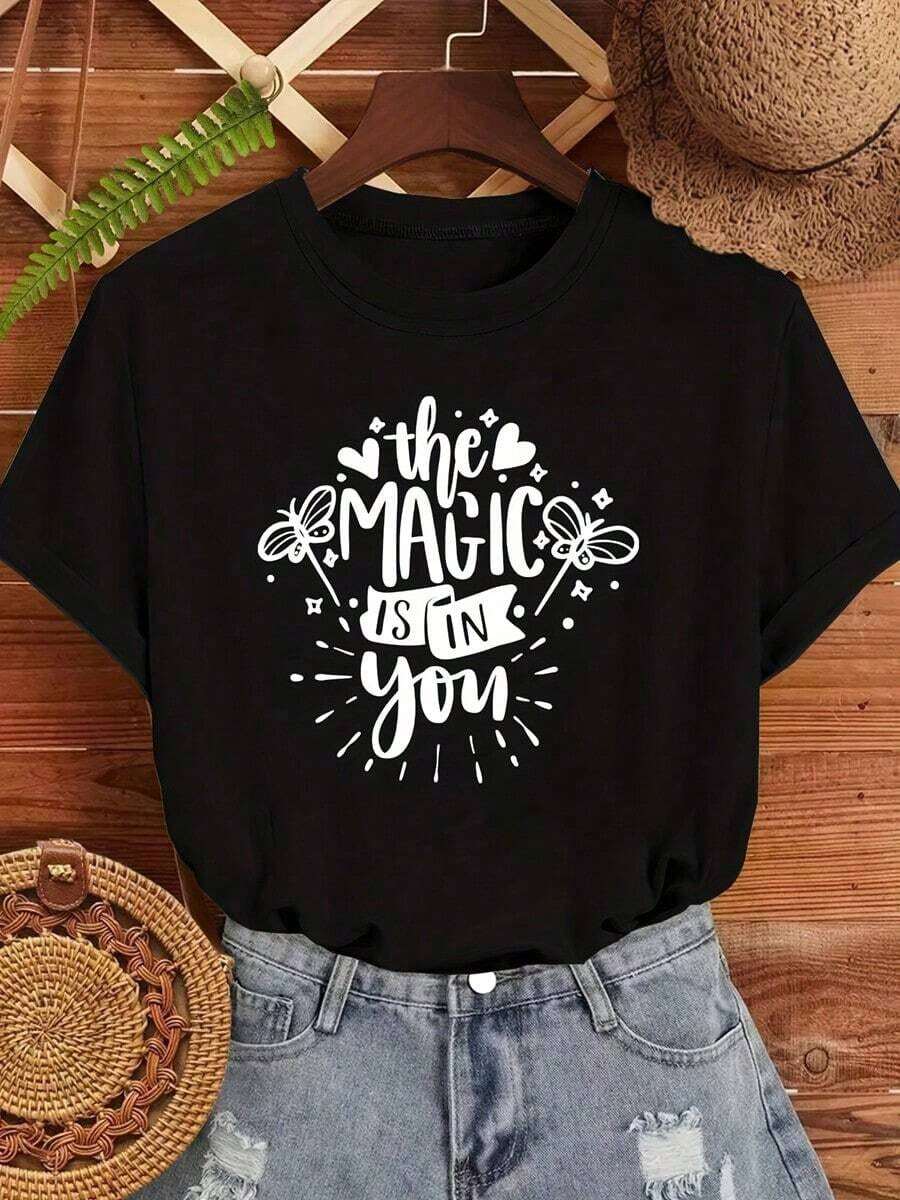 Women's Graphic T-Shirt "The Magic Is Within You" With Hearts, Soft Motivational T-Shirt For Daily Wear, Casual, Office, Parties, Machine Washable, Crew Neck, Inspirational Gift For Birthday Or Anniversary - 黑色 - 查看 1