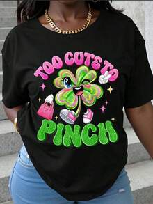 Too Cute To Pinch, Women's St. Patrick's Day Shamrock Cartoon T-Shirt, Irish Festive Gift, Wearable Art, Fashion Statement, Women's Top T-Shirts. - 黑色 - 查看 1