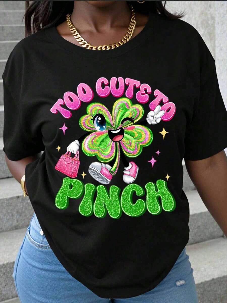 Too Cute To Pinch, Women's St. Patrick's Day Shamrock Cartoon T-Shirt, Irish Festive Gift, Wearable Art, Fashion Statement, Women's Top T-Shirts. - 黑色 - 查看 1