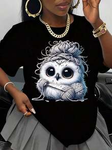 Cute Owl Knit Top, White Owl With Yarn And Knitting Needles, For Casual Wear. Women's Blouses. - 黑色 - 查看 7