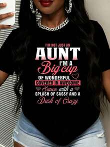 Women's White T-Shirt With Fun Print: "Auntie, A Big Mug Of Wonder Covered In Cool Sauce With A Touch Of Cheeky And A Dash Of Madness!" Ideal As A Gift For Aunts, For Family Parties. Women's Blouses. - 黑色 - 查看 7