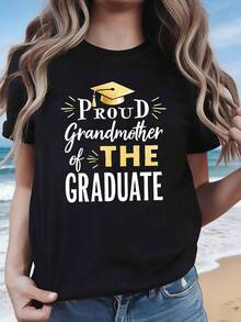 Women's T-Shirt With "Proud Grandma Of The GRADUATE" Print, Perfect For Graduation Season, Family Reunions, Ceremonies, And Celebrations. A Stylish Short-Sleeved Outfit For Everyday Wear. - 黑色 - 查看 8