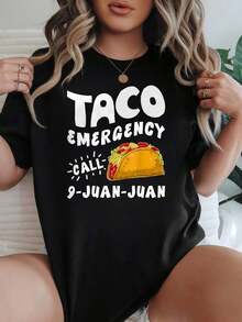 Camiseta de Mujer Casual de Corte Holgado, Opciones en Blanco y Negro, Estampado Gráfico 'Taco Emergency Call 9-JUAN-JUAN', Camiseta Divertida para Uso Diario, Camisetas de Verano, Conjuntos de Verano, Camisetas Gráficas para Mujer, Tops Cortos para Mujer, Camisetas Vintage de Algodón, Ropa Linda para Mujer, Playera Holgada para Mujer - Negro - Ver 1