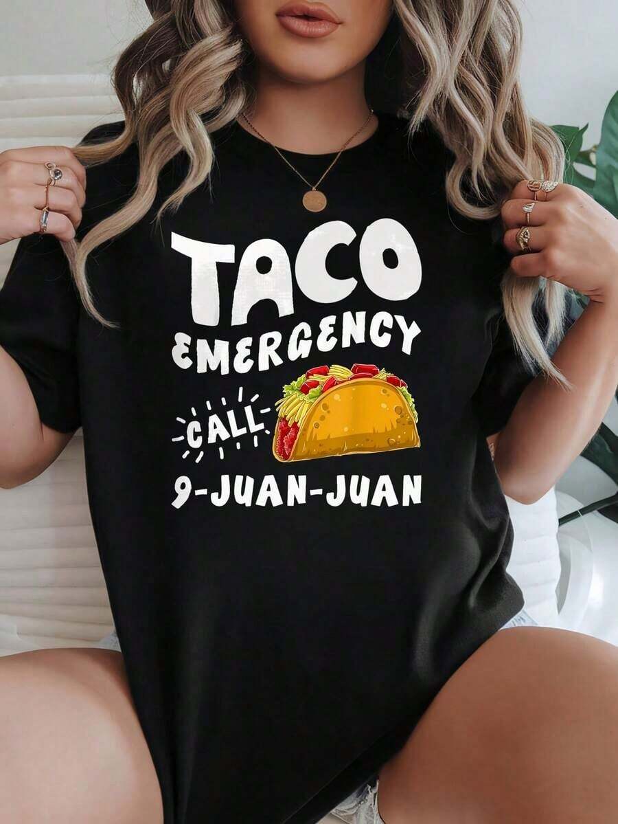 Camiseta de Mujer Casual de Corte Holgado, Opciones en Blanco y Negro, Estampado Gráfico 'Taco Emergency Call 9-JUAN-JUAN', Camiseta Divertida para Uso Diario, Camisetas de Verano, Conjuntos de Verano, Camisetas Gráficas para Mujer, Tops Cortos para Mujer, Camisetas Vintage de Algodón, Ropa Linda para Mujer, Playera Holgada para Mujer - Negro - Ver 1