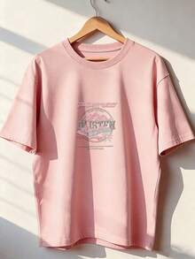 Pink Mountain T-Shirt With "GOLDEN WEST" Text,  Short-Sleeved T-Shirt For Spring And Summer 2026, Made In Mexico, 180 Grams. Cartoon Print, Couple Design, Suitable For Indoor Or Outdoor Wear. Crew Neck, Unisex, Ideal For Office And Leisure. One-Pack. - PK-P631577SLNDXZGY646 - 查看 1