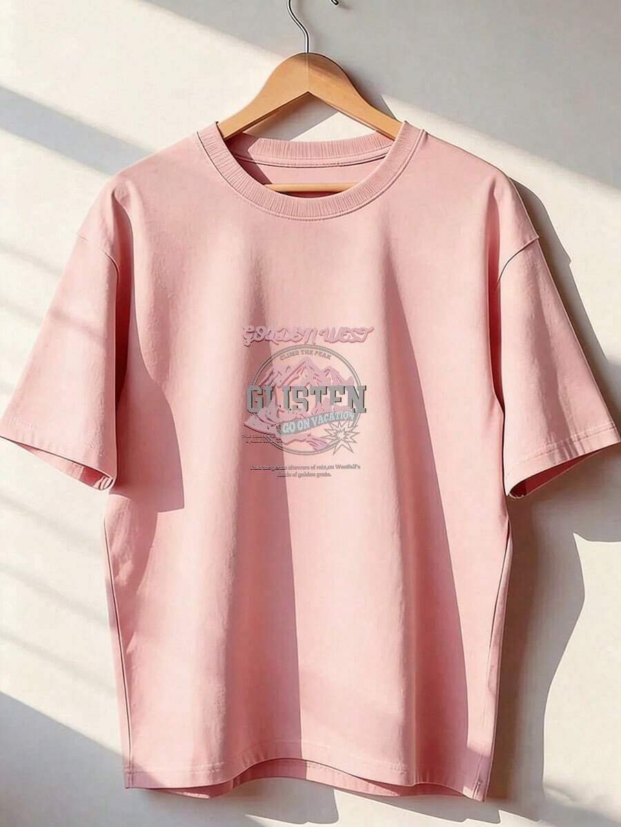 Pink Mountain T-Shirt With "GOLDEN WEST" Text, Short-Sleeved T-Shirt For Spring And Summer 2026, Made In Mexico, 180 Grams. Cartoon Print, Couple Design, Suitable For Indoor Or Outdoor Wear. Crew Neck, Unisex, Ideal For Office And Leisure. One-Pack. - PK-P631577SLNDXZGY646 - 查看 1