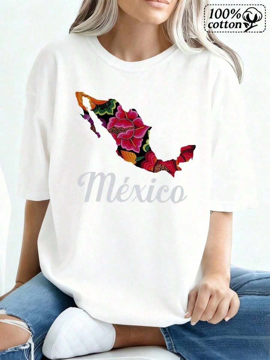 Soft Fashionable Women's T-Shirt | White Front Print Map Of Mexico With Floral Pattern And Text | Comfortable And Casual Dress For Everyday Wear And More | New Summer Women's T-Shirt, Casual And Comfortable Crew Neck Top - 白色的 - 查看 1