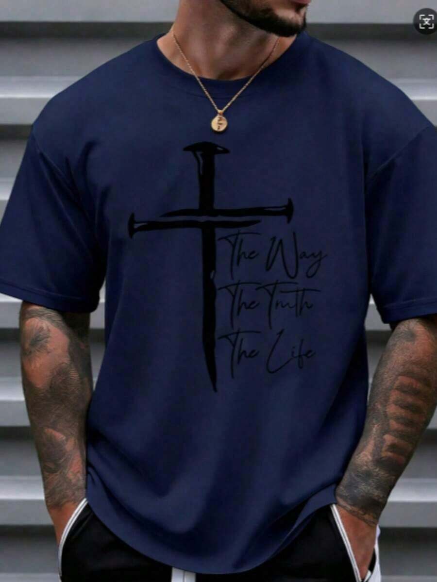 Men's Christian Faith Graphic T-Shirt - Way, Truth, Life Cross Design, 100% Cotton, Breathable Short Sleeve T-Shirt, Suitable For Casual And Outdoor Wear In Spring And Summer, Religious Theme Clothing, Bold Comfortable Style Graphic T-Shirt, Christian T-Shirt - Unisex Plus Size Top - 藏蓝色 - 查看 1