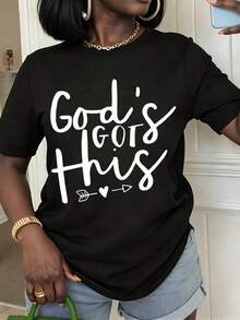 1 pieza de camiseta de verano para mujer con estampado "Gods Got This", de cuello redondo y manga corta, informal, para uso diario y como regalo para amigos y familiares. - Negro - Ver 1