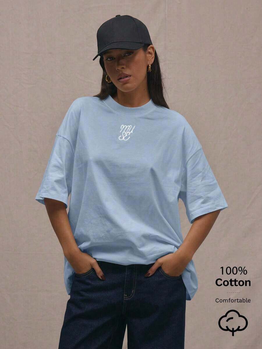 Camiseta de cuello redondo de gran tamaño con logotipo, informal, para vacaciones, uso diario, aeropuerto, regreso a clases, elegante, primavera, verano, días festivos - azul cielo - Ver 1