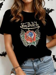 Red Rose With A Blue Eye In The Center Symbolizing Inner Vision, Mysterious Energy, And Connection With Nature. Women's Casual, Modern, Comfortable T-Shirt For Everyday Wear. - Black - View 8