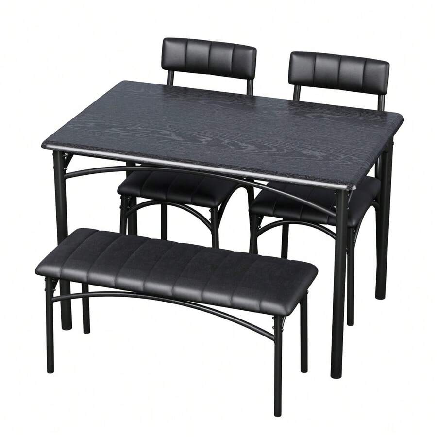 Space-Saving 4-Piece Dining Table Set For 4 Industrial Rustic Brown & Black – Wooden Table With Upholstered Chairs & Bench - Black - View 1