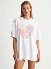 Women's Basic Round Neck T-Shirt With Floral Print, Sizes S-2XL, 100% Solid Color, Available In Black And White, Suitable For Casual Wear In Spring And Summer, Family And Couple Outfits, A Perfect Gift For Mother's Day, Relatives And Close Friends, . - 白色 - 查看 8
