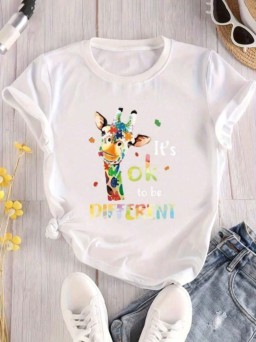 Camiseta Suave y Colorida con Estampado de Ciervo y la Letra "OK DIFFERENT", Talla Grande, Cuello Redondo, Camisetas Gráficas Estilo Western para Hombre, Ropa de Verano, Blusas para Mujer, Camisetas Gráficas, Ropa de Verano, Camisetas Gráficas, blusa casual mujer, blusas para mujer, playeras de mujer algodón. - Blanco - Ver 1