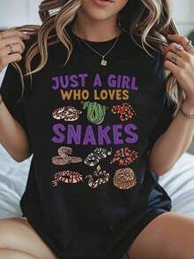 Soft 'Just A Girl Who Loves Snakes' Graphic T-Shirt For Women, Gift For Snake Lovers, Casual Summer Top With Animal Print, Casual Blouse For Women, Blouses For Women, Cotton T-Shirts For Women - 黑色 - 查看 1