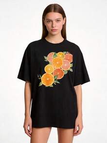 Conjunto de 1 pieza con estampado de frutas premium, camiseta unisex de cuello redondo 100% de talla extra grande, camiseta básica de corte holgado, diseño de rodajas de cítricos, adecuada para conjuntos familiares y de parejas, ropa de verano, regalo para amigos y familiares, ecológica. - Blanco - Ver 5