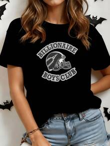 Casco con relámpago que simboliza fuerza y visión en la conquista de metas estampado con letras audaces creando unión y energía moderna camiseta de mujer casual cómoda para uso diario - Negro - Ver 8