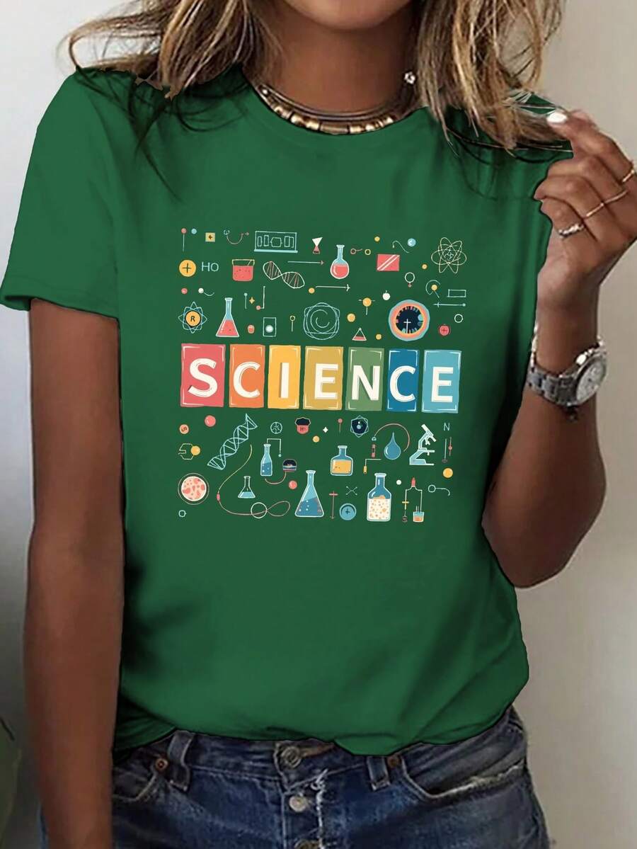 Women's Short Sleeve Scientific Lab Print T-Shirt - Casual Crew Neck Top With Medium Stretch, Comfortable For All Seasons, Spring Fashion, Easy To Machine Wash, Essential For Science-Themed Events, Comfortable Fit Printed T-Shirt, Blouses For Women - Green - View 1