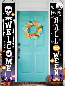2 piezas Colgante de esqueleto de Halloween feliz, Bandera de bienvenida de Halloween, Decoración colgante de puerta, Decoración de Halloween, Suministros para fiestas de Halloween, Decoración de Halloween feliz, Decoración de dulces o truco o de Halloween, Decoración del hogar, Crear una atmósfera espeluznante, Suministros para casas embrujadas, Adecuado para porche, Día de los Muertos, Halloween, Navidad, Decoración de Año Nuevo 2027 - Calavera de Halloween - Ver 10