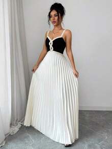 Vestido plisado de línea A con cintura ceñida, cuello en V sin mangas y contraste de colores, vestido elegante y romántico delicado para mujeres, temporada de bodas, fiestas, con decoración de ribete floral - Multicolor - Ver 6