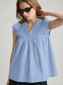 Ontre 2026SS Nueva Blusa para Mujer, Tejido Tejido, Estilo Urbano Elegante Casual, Moda Minimalista para Ir al Trabajo - Celeste - Ver 1