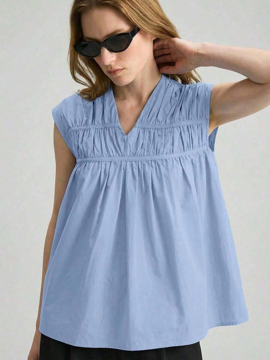 Ontre 2026SS Nueva Blusa para Mujer, Tejido Tejido, Estilo Urbano Elegante Casual, Moda Minimalista para Ir al Trabajo - Celeste - Ver 1