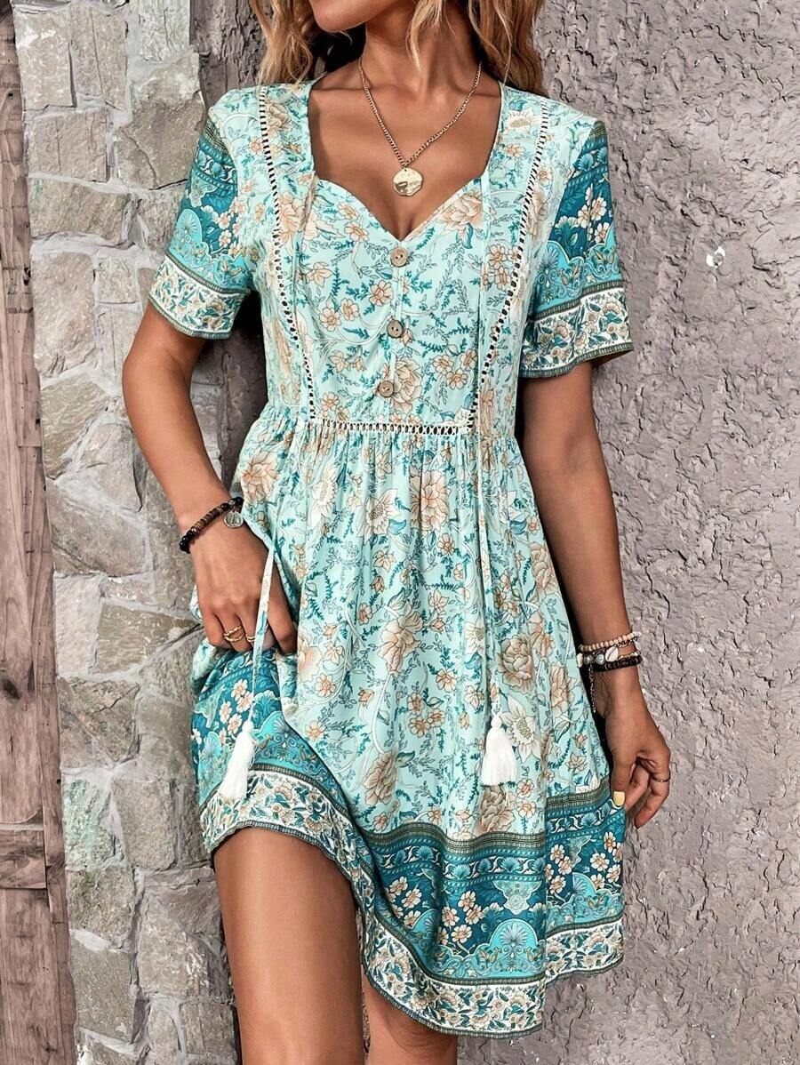 Vestido con estampado floral de cuello con cordón y fleco - verde menta - Ver 1
