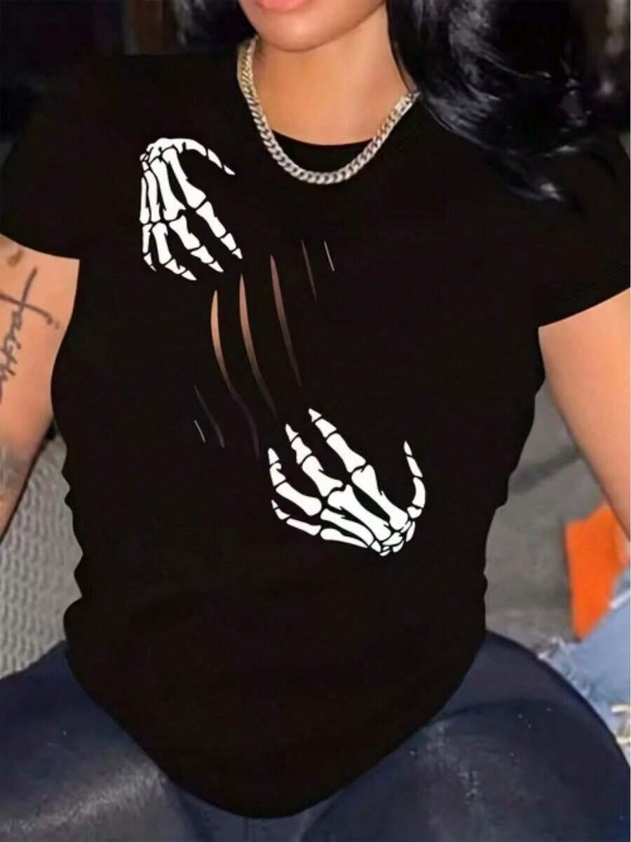 Women's Casual T-Shirt With Skull Print And Ripped Patterns, Everyday T-Shirt, Vacation T-Shirt, Sports T-Shirt, Women's Clothing - 黑色 - 查看 1