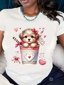 Basic Universal StyleWomen Short Sleeve Puppy In Cup With Hearts And Straws Print T Shirt Casual Valentine Day Wear Comfortable Fabric Perfect As A GiftMexican Cultural Print T-Shirt - Moisture-Wicking Daily Wear Short Sleeve Tee - 白色 - 查看 7