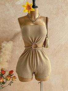 Mono de mujer con textura de hoja de mimbre marrón, sin tirantes, con corte en la cintura, apropiado para vacaciones, playa, festival de música, estilo hippie, fiesta, cita, té de la tarde - Caqui - Ver 1