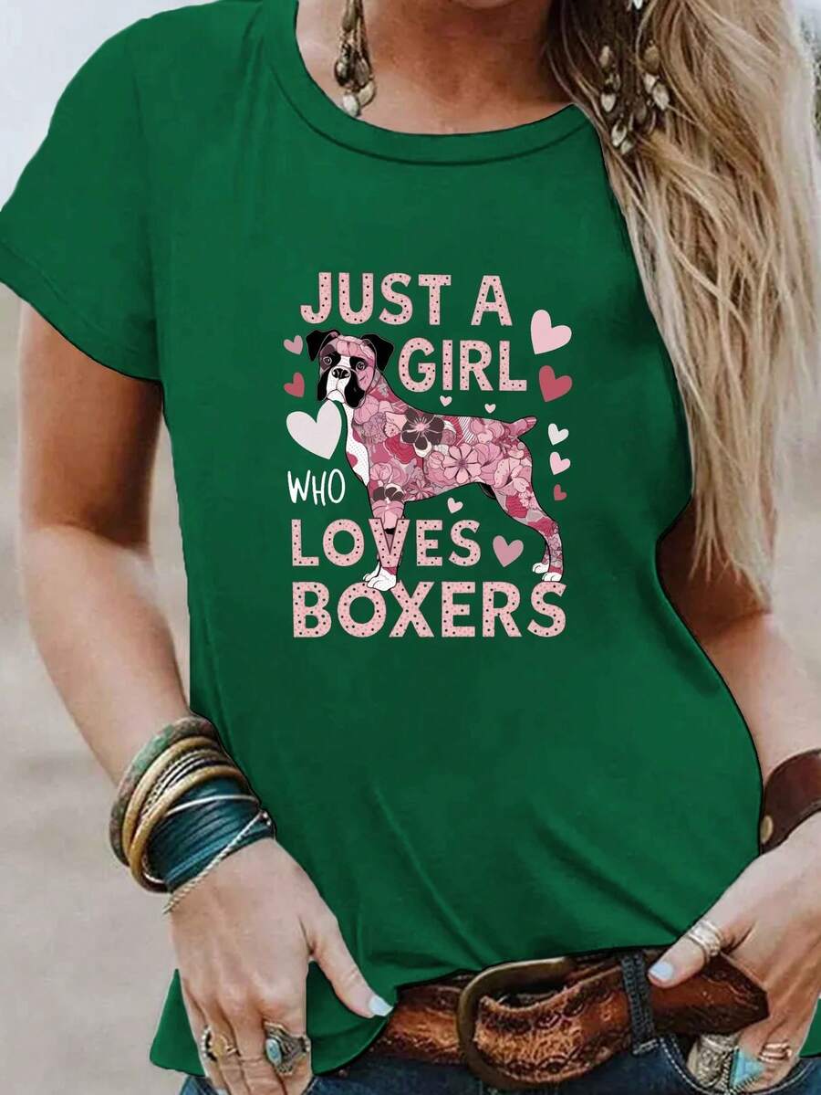 "JUST A WHO LOVES BOXERS" Printed T-Shirt, Casual Short-Sleeved Round Neck Top, Spring/Summer Clothing For Women, Blouses For Women. - Green - View 1