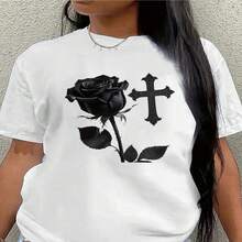 Camiseta de Manga Corta de Poliéster con Diseño de Rosa y Cruz, Ligera y Duradera para Uso Casual, Ideal para el Hogar, Cafetería o Ambientes al Aire Libre, Ajuste Cómodo en Varios Colores S-XXXL - Blanco - Ver 1