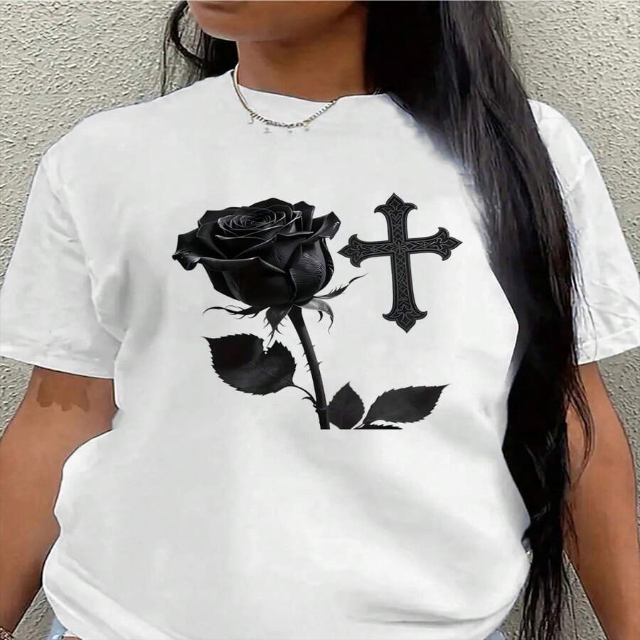 Camiseta de Manga Corta de Poliéster con Diseño de Rosa y Cruz, Ligera y Duradera para Uso Casual, Ideal para el Hogar, Cafetería o Ambientes al Aire Libre, Ajuste Cómodo en Varios Colores S-XXXL - Blanco - Ver 1