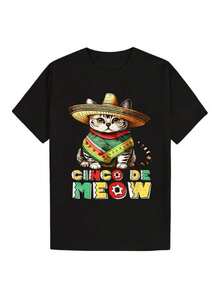 Men's T-Shirt With Mexican Cat Design - Spanish Text "Cinco De Meow" And Cat Print With Hat, Casual Short Sleeve Crew Neck, Suitable For Cinco De Mayo Party Outfits, Fun Mexican Themed Clothing. - 黑色 - 查看 8