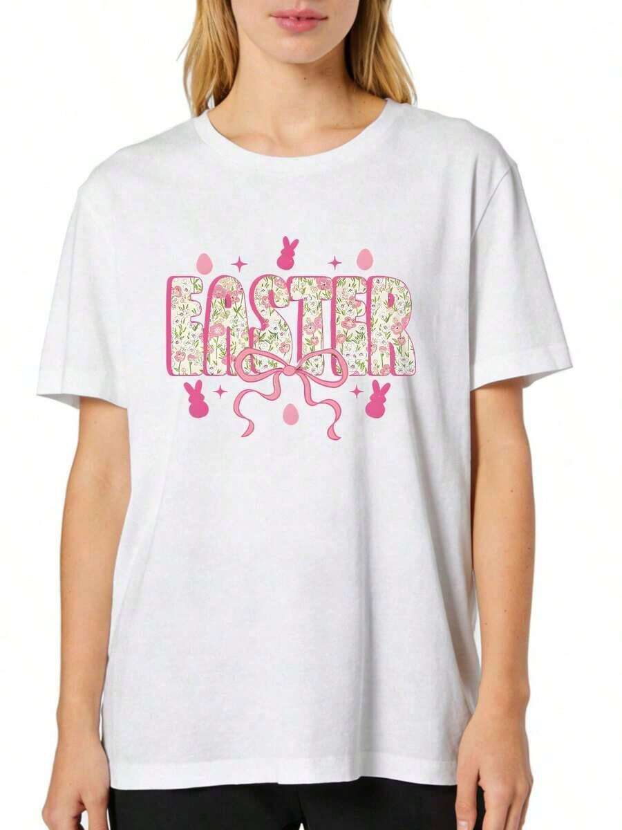100% Pure Cotton, Women's T-Shirt Elegant Women's T-Shirt With Floral Easter Bunny And Rose Bow Eggs Pattern Print Comfortable Round Neck Short Sleeve T-Shirt 2026 Summer, Short Sleeve, Printed, Vintage Style, Crew Neck, Lightweight Stretch Fabric, Regular Fit Perfect For Adults - 白色 - 查看 1