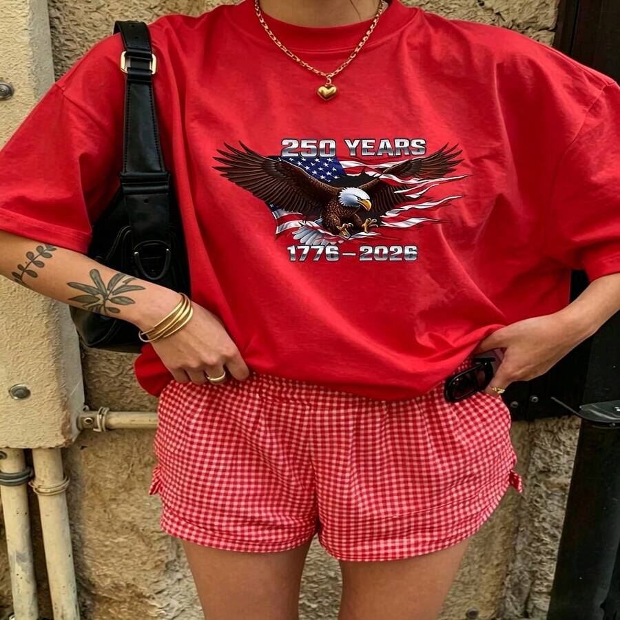 Heartfelt Daily Casual Graphic T-Shirt 100% Cotton Oversized Soft Breathable Casual Crewneck Short Sleeve Top Vintage Aesthetic Red Checkered Shorts Street Style Fashion Lovers Casual Wearers Daily Outfit Enthusiasts Gift Givers - 紅色 - 查看 1