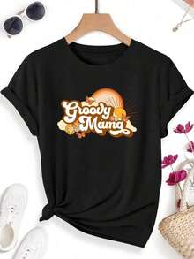 Camiseta de Verano para Mujer, Top de Manga Corta a para Vacaciones, Estampado Tropical Floral con Diseño Solares, Cuello Redondo, Camiseta Deportiva Casual Versátil, Tela Cómoda y Transpirable con Elasticidad Media, Top de para Mujer, Regalo para, Estilo Veraniego - Negro - Ver 7