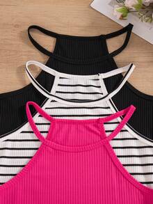 Conjunto de 3 piezas para niñas preadolescentes, vestido ajustado sin mangas con cuello halter de unicolor y textura acanalada - Rosa Fucsia - Ver 8