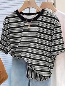 Camiseta de mujer de manga corta con rayas anchas verdes vintage, top casual de cuello redondo para el verano - Multicolor 9 - Ver 1